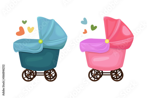 Two cute newborn pink and blue strollers for a boy and a girl. Baby shower. Hand drawn vector illustration