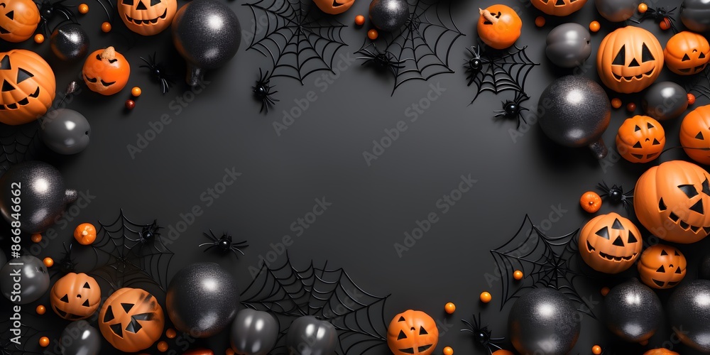 Dark Halloween decorations background with pumpkins skeleton Dark Halloween decorations background with pumpkins skeleton