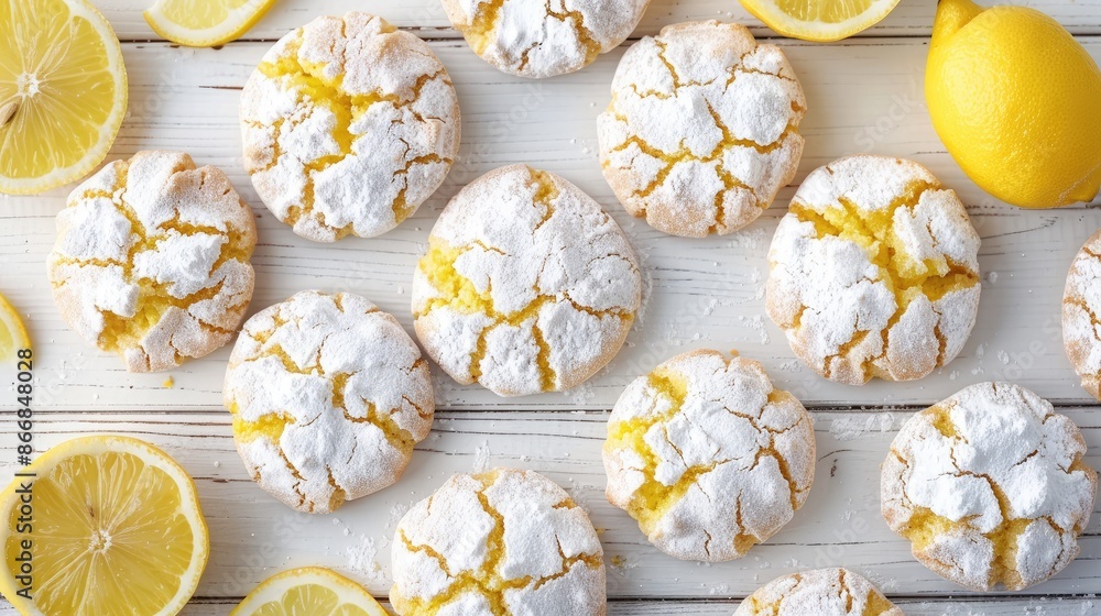 A plate of lemon cookies with a lemon slice on the table. The cookies are white and yellow and are arranged in a neat row A plate of lemon cookies with a lemon slice on the table. The cookies are white and yellow and are arranged in a neat row