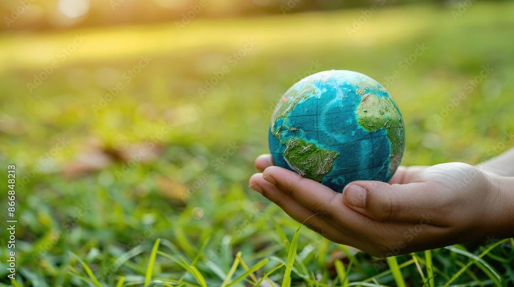 A person is holding a globe in their hand. The globe is blue and white, and it is surrounded by green grass. Concept of environmental awareness and the importance of taking care of our planet A person is holding a globe in their hand. The globe is blue and white, and it is surrounded by green grass. Concept of environmental awareness and the importance of taking care of our planet
