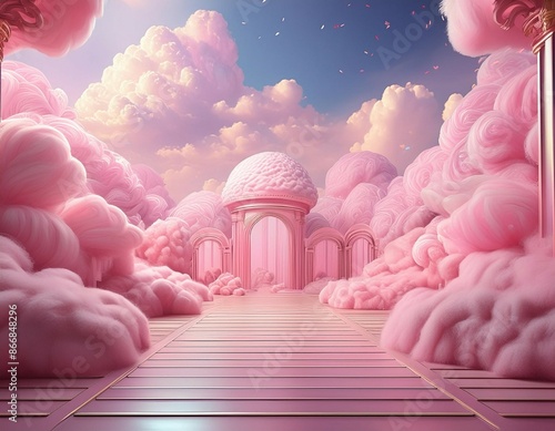 pink clouds in the sky stage fluffy cotton candy dream fantasy soft background generative ai