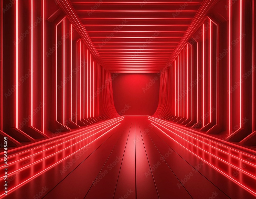 Obraz premium red neon tunnel in the dark room Red Futuristic tunnel stage illuminated red 3d showroom