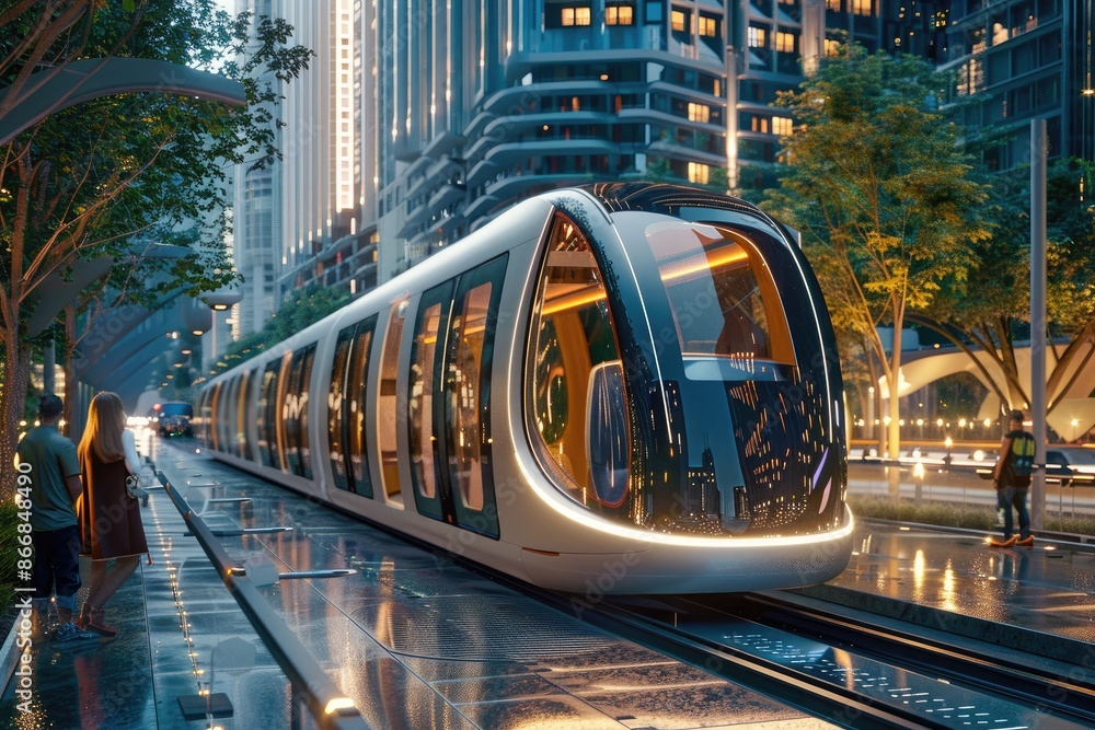 A futuristic train is traveling down a city street. The train is ...