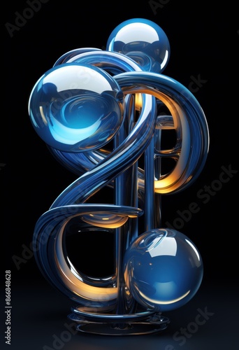 abstract sculpture featuring intertwined blue and gold metallic loops and spheres, set against a dark background, creating a striking and futuristic visual effect.

 photo