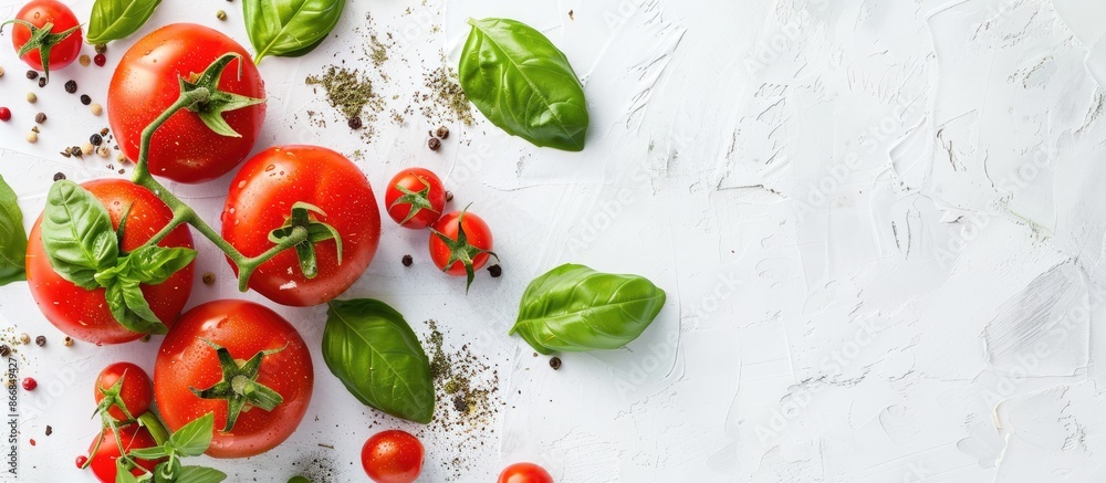 Tomato products with basil and space for text on white background, top view Tomato products with basil and space for text on white background, top view