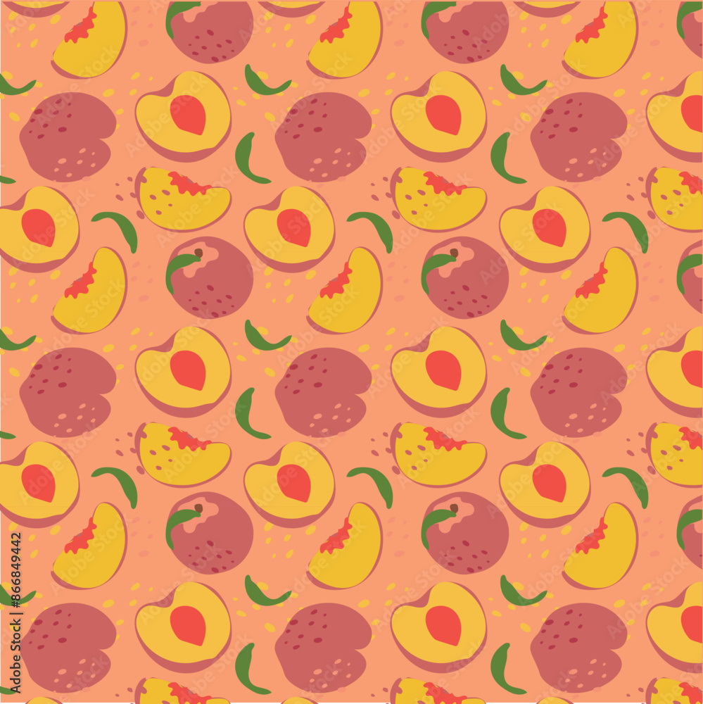 Abstract peach pattern in flat style. Fresh, delicious fruit seamless pattern. Vector background. Summer freshness for health. For background, juice, ice cream or packaging. Abstract peach pattern in flat style. Fresh, delicious fruit seamless pattern. Vector background. Summer freshness for health. For background, juice, ice cream or packaging.