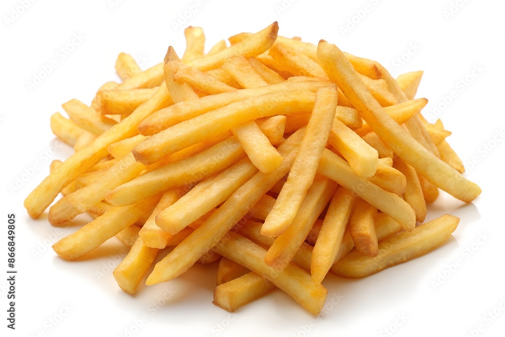There is a heap of French fries placed on a plain white surface There is a heap of French fries placed on a plain white surface