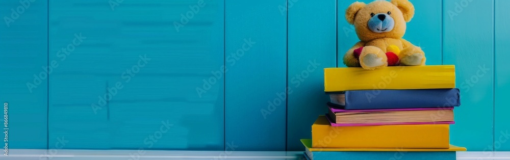 Colorful Stack of Children's Books with Bear Toy Colorful Stack of Children's Books with Bear Toy