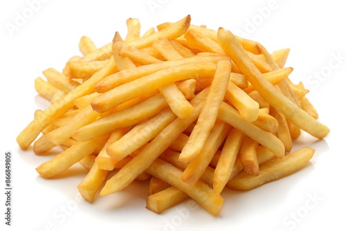 There is a heap of French fries placed on a plain white surface