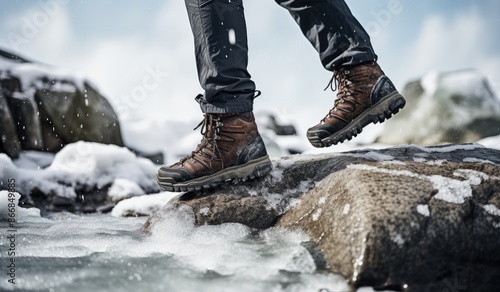 Hiking boots on a rock in a winter landscape with frozen river