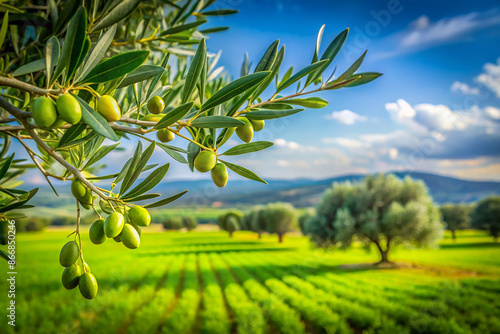 Green olives, olive leaves and olive branches, olive oil production farm photo