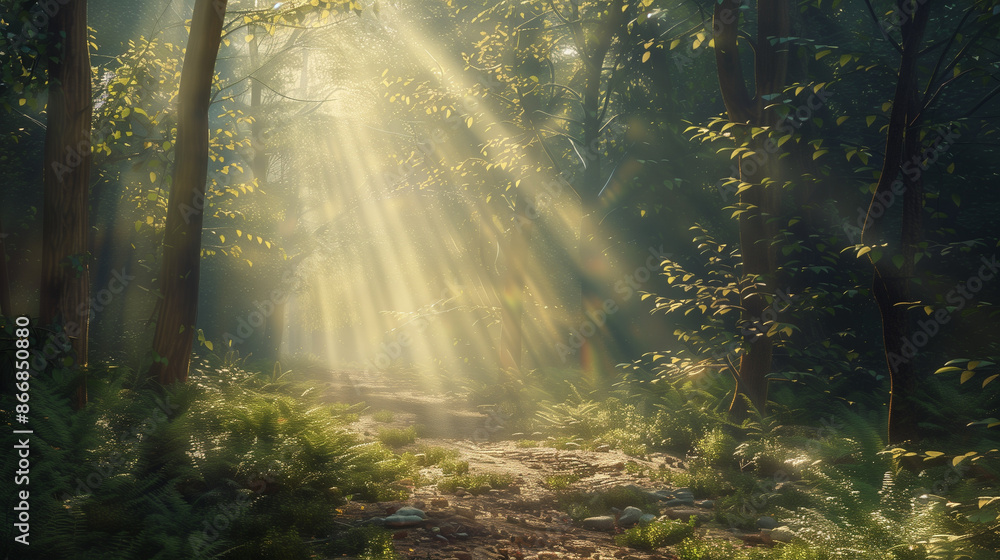 beautiful forest scenery with sunbeams shining through the canopy, created with generative AI technology beautiful forest scenery with sunbeams shining through the canopy, created with generative AI technology