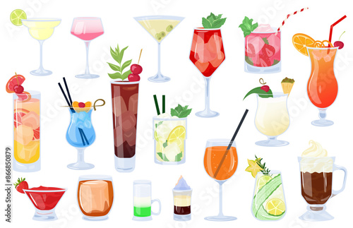Big set vector illustrations of summer beach cocktails with cut fruits and ice cube for party. Alcoholic drinks mix in flat style. Daiquiri, martini, margarita, cosmopolitan, Long Island, Pina colada