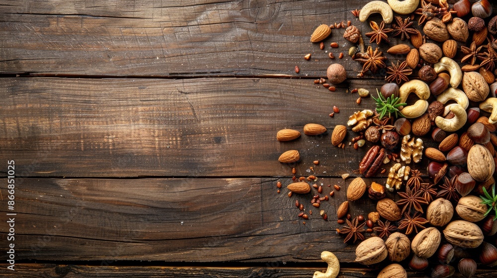Nutritious mixed nuts on rustic wood with space from above Nutritious mixed nuts on rustic wood with space from above