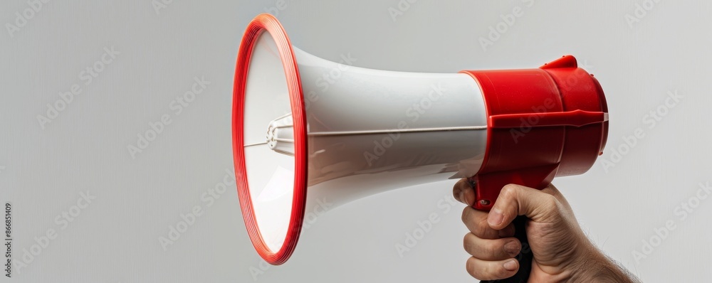 Naklejka premium Hand holding red and white megaphone, announcing concept