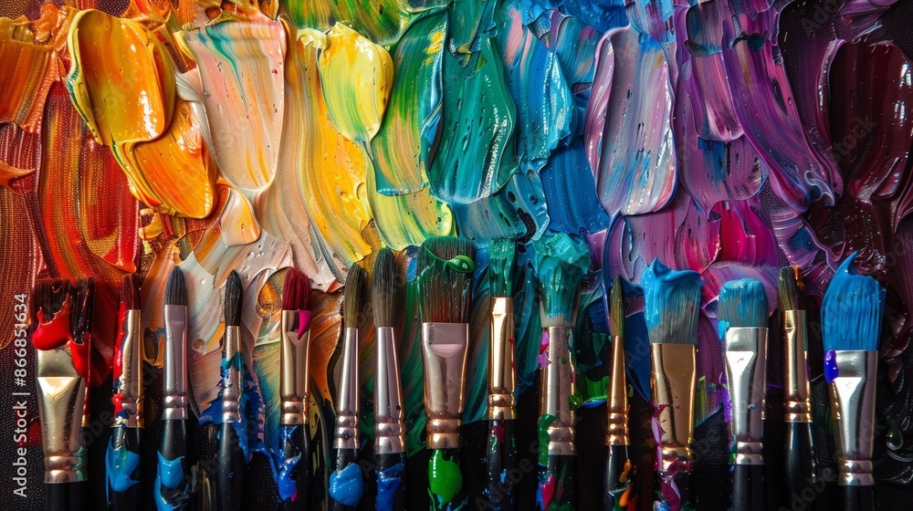 Naklejka premium Paint Brushes Unleash Colorful Explosion on Canvas