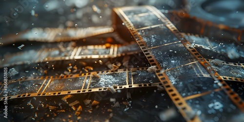 Close-up of aged film strips with scratches and dust on dark background. Concept Photography, Vintage, Film Strips, Close-up, Aged