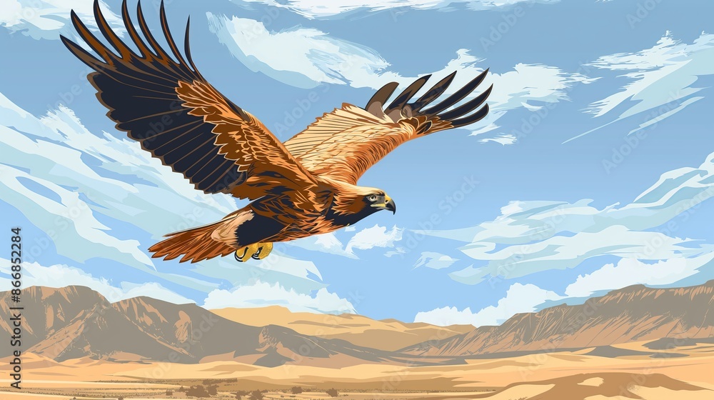 Obraz premium A majestic eagle soars above a vast desert landscape with mountains and blue skies in the background.
