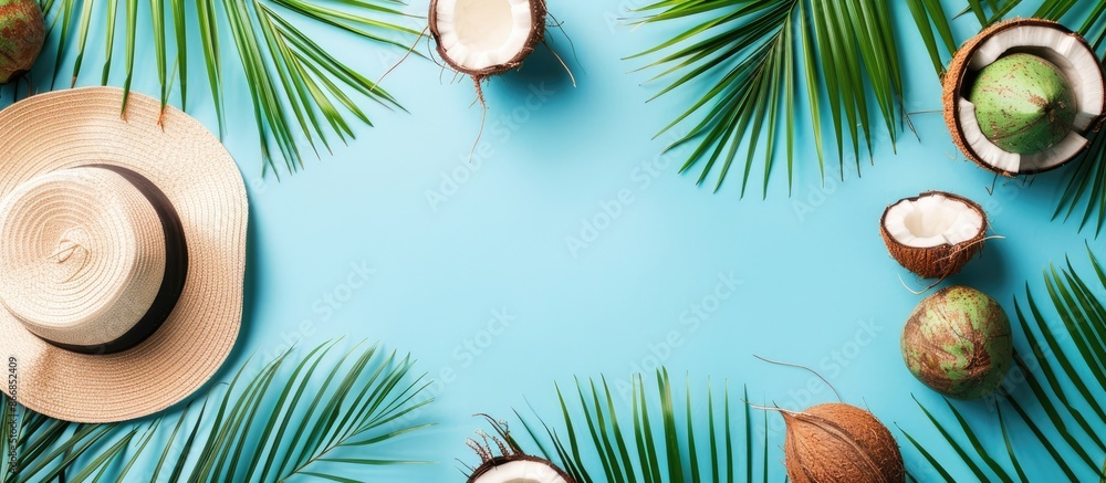 Summer-themed arrangement with tropical elements on a blue backdrop. Concept for summer with palm leaves, hat, and coconut arranged in a flat lay style. Summer-themed arrangement with tropical elements on a blue backdrop. Concept for summer with palm leaves, hat, and coconut arranged in a flat lay style.