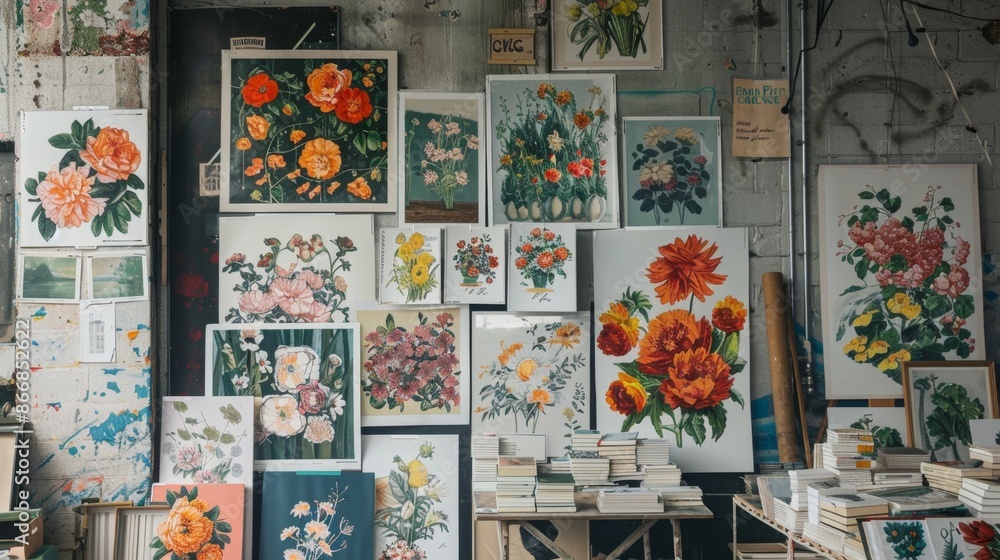 Fototapeta premium A display of greeting cards and posters with oily floral designs, set against an artistic backdrop