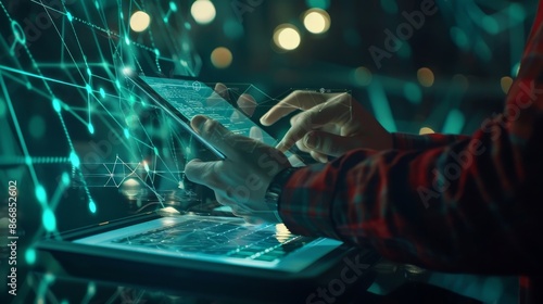 Hands Typing on Laptop with Glowing Network Overlay