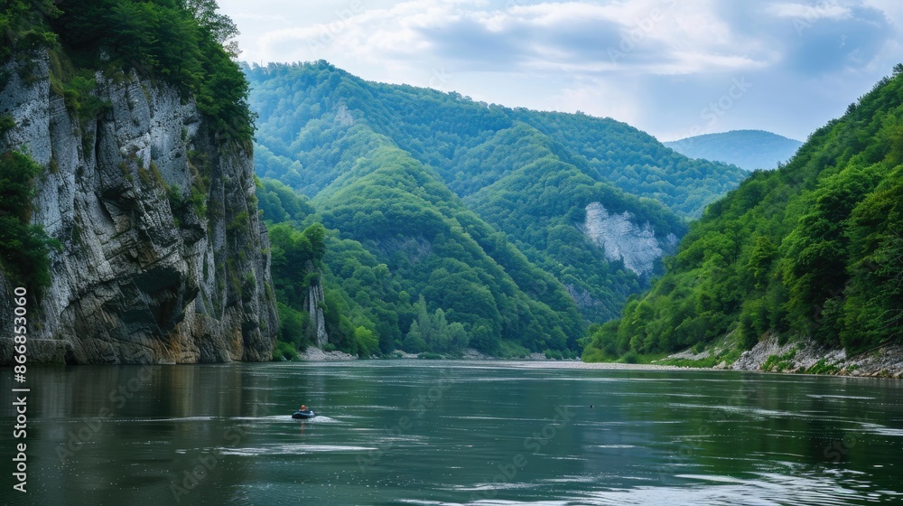 Ideal spot for fishing and rafting with Eastern European scenery and space for text Ideal spot for fishing and rafting with Eastern European scenery and space for text