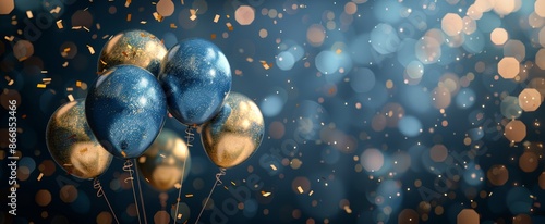 Blue And Gold Balloons With Confetti For A Festive Celebration