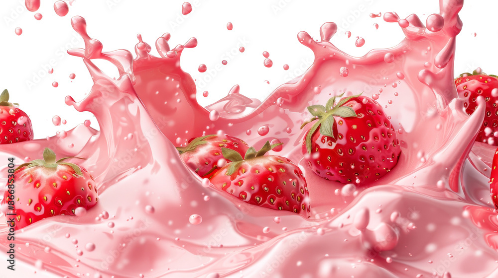 Fresh Strawberries Splashing in Pink Milk isolated on white background, Png file Fresh Strawberries Splashing in Pink Milk isolated on white background, Png file