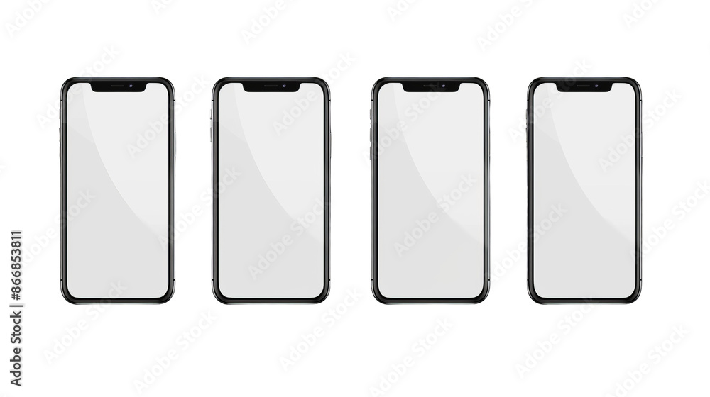 Four Black Smartphones With White Screens Isolated on White Background, Png File Four Black Smartphones With White Screens Isolated on White Background, Png File