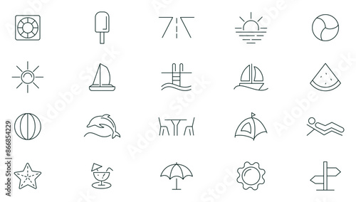 Summer vacation Editable line Icon set. Travel, sea, surfing, beach, hotel, airport, tickets, tour, relax outline icon collection. UI thin outline icons pack.
