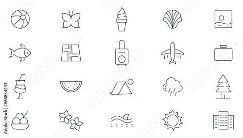 Summer vacation Editable line Icon set. Travel, sea, surfing, beach, hotel, airport, tickets, tour, relax outline icon collection. UI thin outline icons pack.