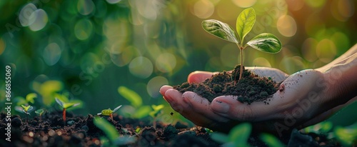A Persons Hand Holding a Small Sapling in Soil With a Sunny Blurred Background