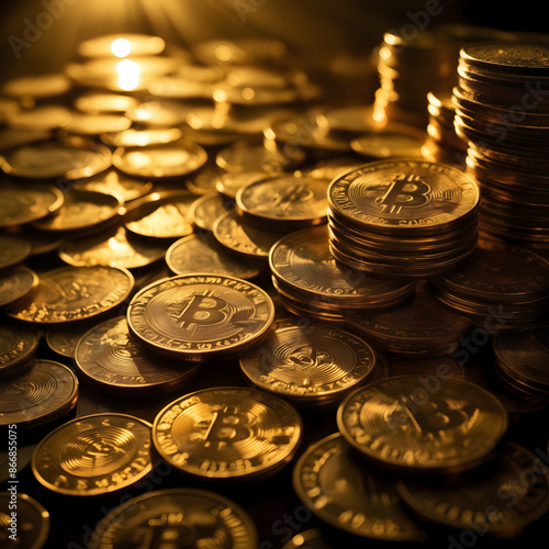 A vibrant digital illustration featuring golden Bitcoin coins with the iconic 