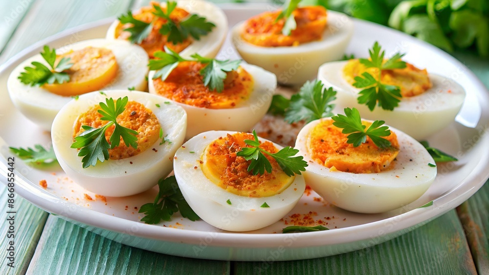 Sliced Hard-Boiled Eggs with Paprika and Parsley on White Plate Sliced Hard-Boiled Eggs with Paprika and Parsley on White Plate