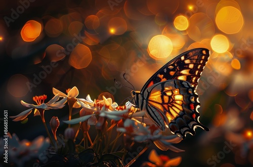 Butterfly Perched On White Flowers During Golden Hour