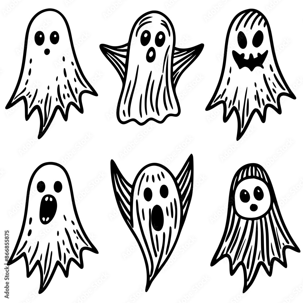 Black and white drawings of ghosts with various facial expressions Black and white drawings of ghosts with various facial expressions