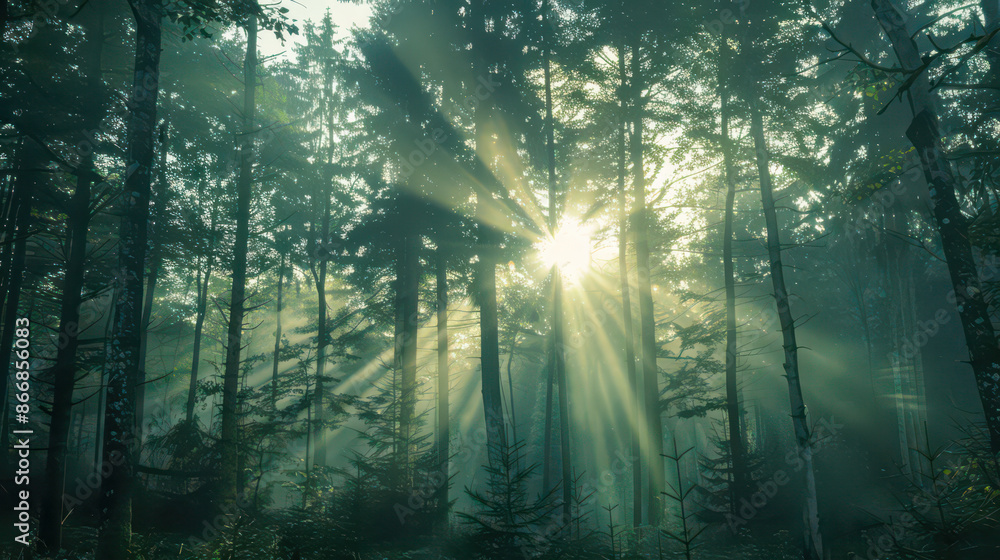 Forest in the morning with sun rays penetrating through the fog and trees. Forest in the morning with sun rays penetrating through the fog and trees.