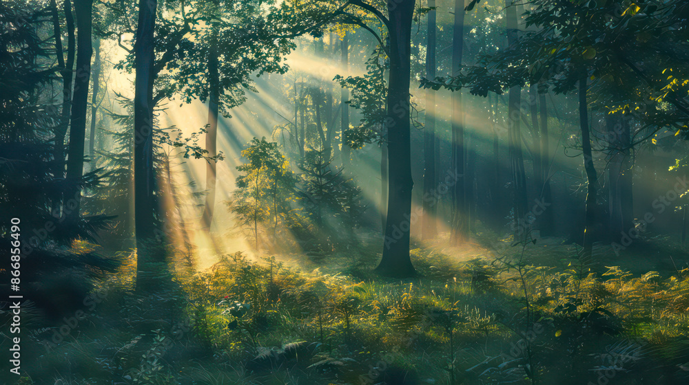 Obraz premium Forest in the morning with sun rays penetrating through the fog and trees.
