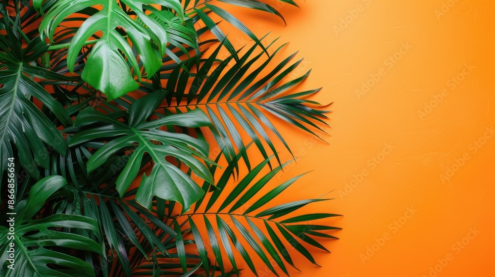 A plant with green leaves is growing on an orange wall. The plant is surrounded by the wall, and the leaves are spread out in various directions. The image has a natural and calming feel to it A plant with green leaves is growing on an orange wall. The plant is surrounded by the wall, and the leaves are spread out in various directions. The image has a natural and calming feel to it