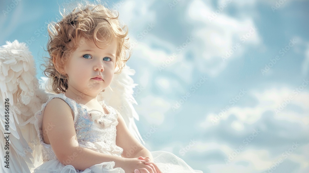 Immersed in a dreamy atmosphere, a delightful baby angel sits on clouds, representing purity and tranquility Immersed in a dreamy atmosphere, a delightful baby angel sits on clouds, representing purity and tranquility