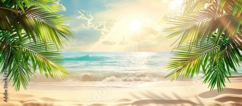 Tropical Beach Background with Sunlight, Palm Leaves, and Ocean View