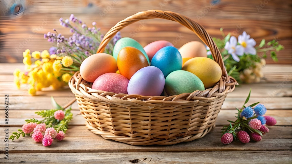 Colorful dyed Easter eggs in woven wick basket. Pastel painted hard-boiled eggs for holiday Easter breakfast brunch or lunch with cute decorations for spring. Minimalistic Easter concept. Colorful dyed Easter eggs in woven wick basket. Pastel painted hard-boiled eggs for holiday Easter breakfast brunch or lunch with cute decorations for spring. Minimalistic Easter concept.