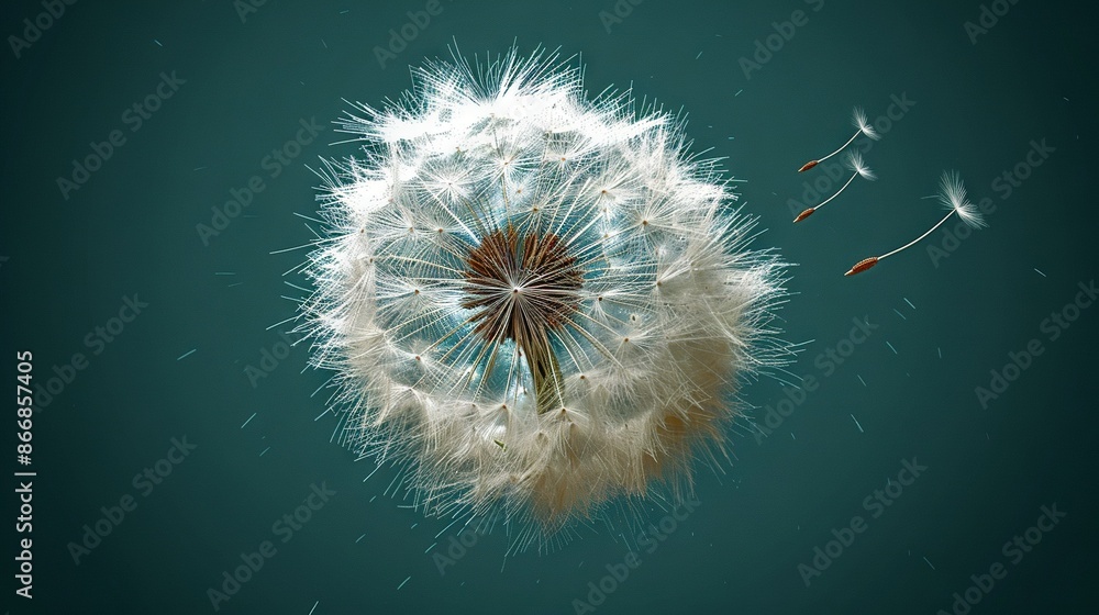 Fototapeta premium A blue background with dandelions blowing in the wind and dandelions in the foreground