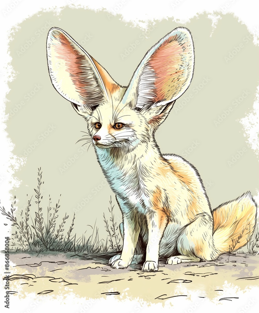 Fototapeta premium A detailed sketch of a fennec fox with large ears, colored vibrantly amidst a natural background.