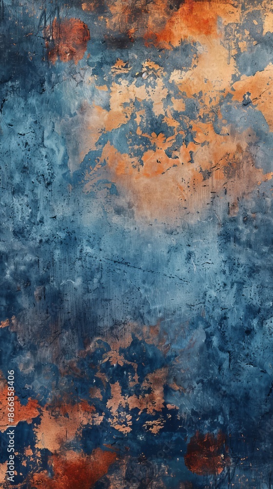Blue and copper combine in this abstract background, featuring a heavily textured surface reminiscent of oxidized metal or distressed paint Blue and copper combine in this abstract background, featuring a heavily textured surface reminiscent of oxidized metal or distressed paint