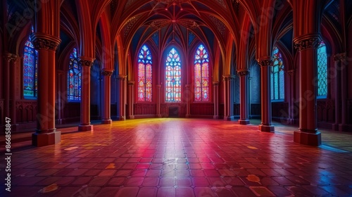 A grand Gothic hall featuring vibrant stained glass windows and soaring high arches, bathed in colorful light, creating an atmosphere of reverence and awe. © Oskar