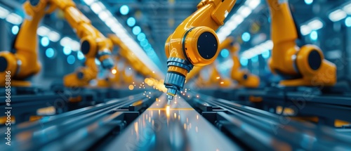 Robotic Assembly Line, Automated robotic arms working in factory, Industrial automation