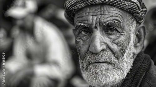 Black and white portrait of an elderly man wearing a hat, looking directly into the camera, showcasing wisdom, life experience, and the passage of time visible in his wrinkled face. © Oskar
