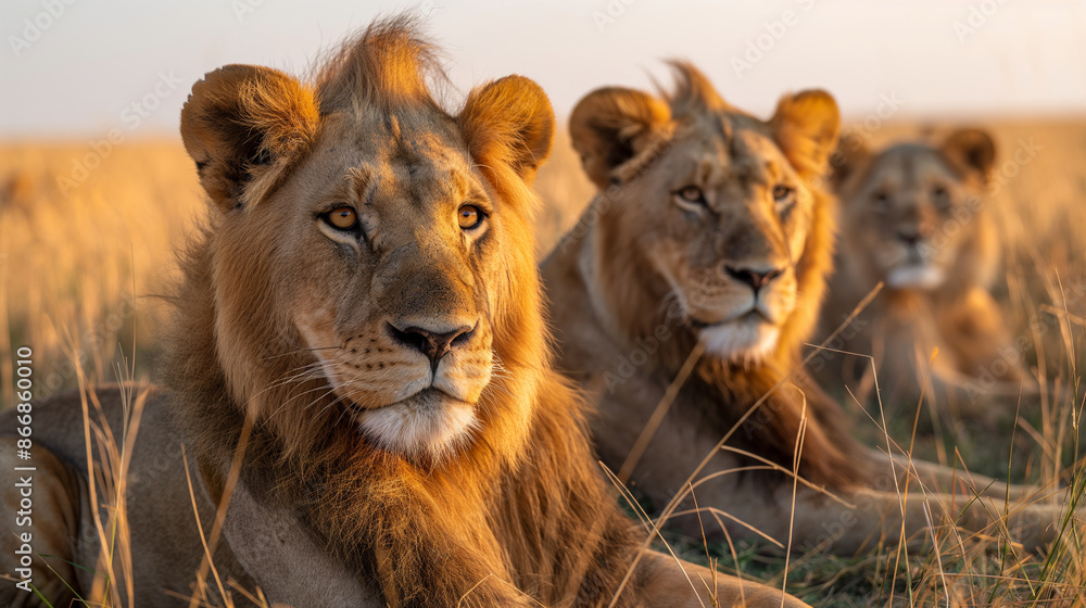 Fototapeta premium A telephoto angle shot of a pride of lions resting in the tall grasses of the Serengeti, with the golden light of dawn illuminating the scene, environmental scientists, engineers,