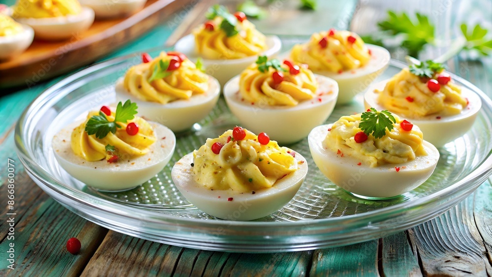 Deviled Eggs on a clear plate Deviled Eggs on a clear plate